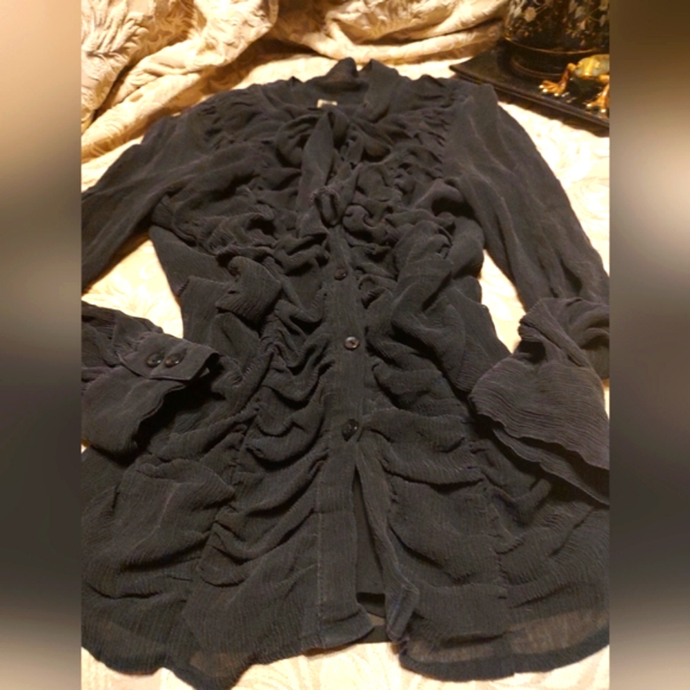 🐦⬛🖤🐦⬛ Divine Vintage Genuine Silk Black Sheer Ruffled Bow Blouse Top - 12 - Picture 10 of 16